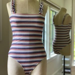 Multi-colored striped bodysuit w ruffled straps